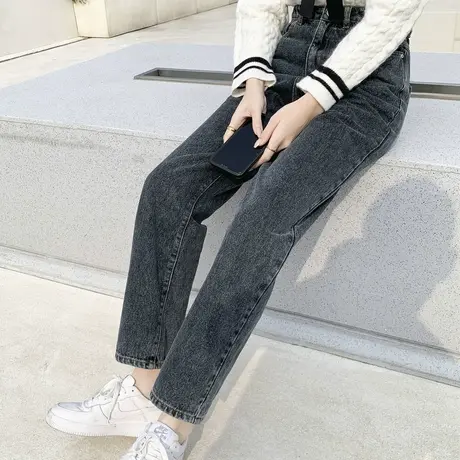 唐狮女牛仔长裤新秋冬款直筒灰蓝色裤子梨形宽松大码复古流行女裤商品大图