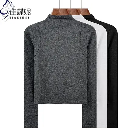 早春秋新款半高领修身显瘦短款纯欲纯棉纯色长袖体恤上衣女打底衫商品大图
