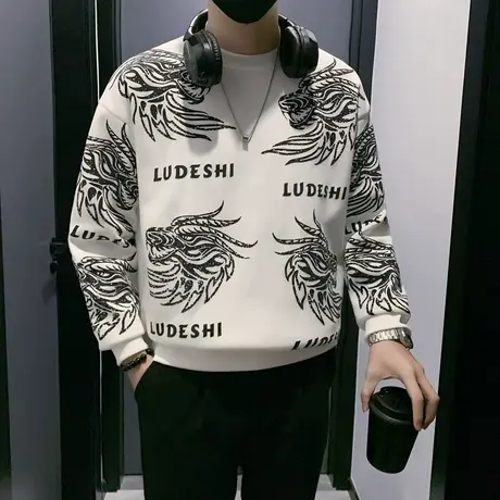 高级感加绒卫衣男冬季2023新款轻熟保暖加厚满印国潮长袖打底上衣商品大图