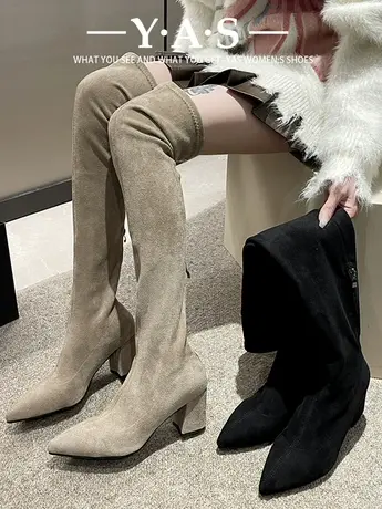 尖头高跟长靴女2023冬季新款杏色绒面弹力瘦瘦靴不过膝粗跟高筒靴图片