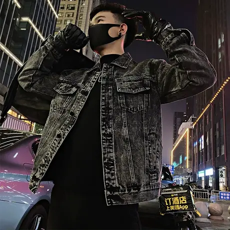 美式重工牛仔外套男高级感痞帅春秋季复古水洗机车潮男休闲牛仔衣商品大图