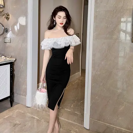 黑色聚会生日小礼服平时可穿名媛轻奢小个子修身收腰一字肩连衣裙商品大图