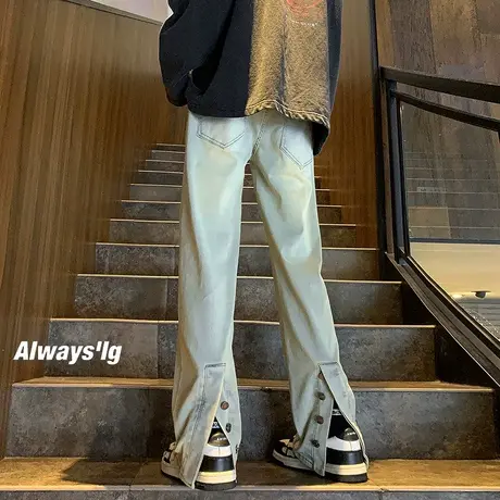 美式高街vibe排扣牛仔裤男ins潮牌宽松秋冬季新款直筒裤开叉裤子商品大图