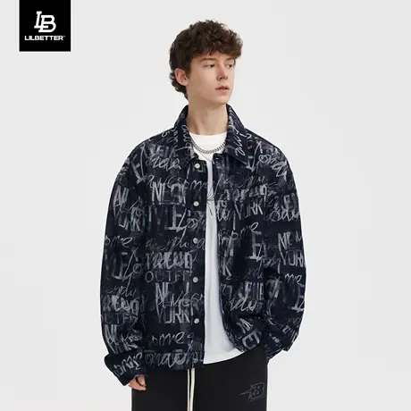 Lilbetter牛仔外套男秋冬款男装潮牌痞帅褂子满印青少年休闲夹克图片
