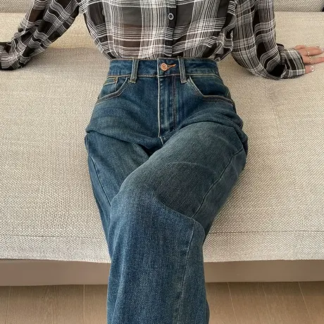 复古直筒阔腿牛仔裤女秋冬新款加绒加厚高腰显瘦垂感窄版拖地裤子商品大图