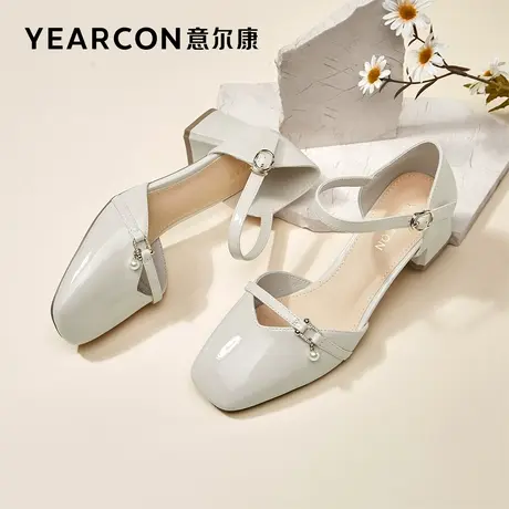 意尔康女鞋夏季包头凉鞋粗跟中跟方头外穿法式仙女风一字式扣带商品大图