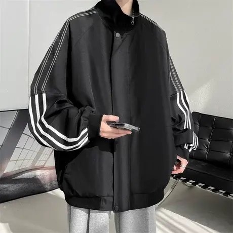 条纹拼接外套男春秋款立领运动夹克男潮牌青少年休闲宽松港风上衣商品大图