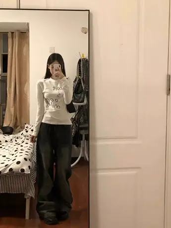 正肩长袖t恤女秋季修身显瘦小众设计感辣妹风美式内搭打底衫上衣商品大图