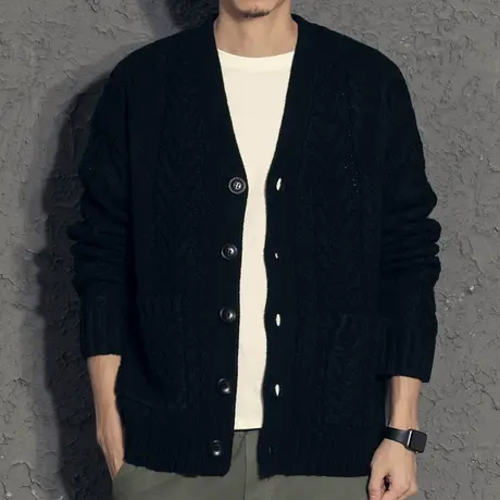 奕飏厚重复古麻花针织开衫 2019男士秋装上衣外套V领纯色休闲潮流图片