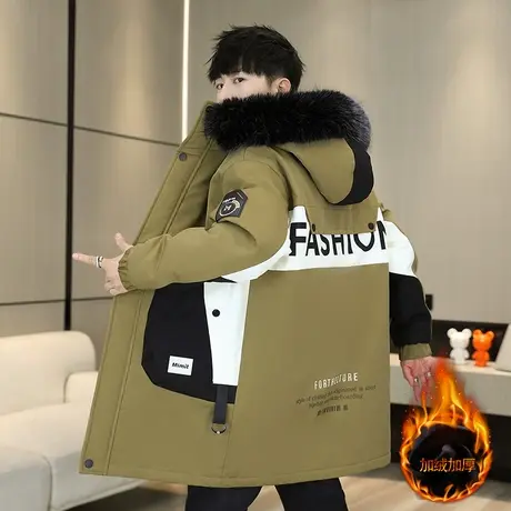 2023冬季新款中长款派克服男学生加绒加厚连帽棉服外套大毛领棉衣图片