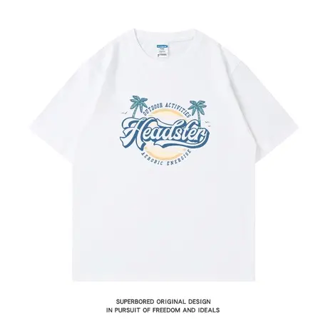 美式休闲简约椰树字母短袖T恤男女夏季纯棉宽松半袖情侣上衣体恤图片