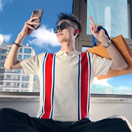 撞色设计POLO衫男夏季韩版小v领短袖t恤针织衫ins休闲半袖T恤男装商品大图