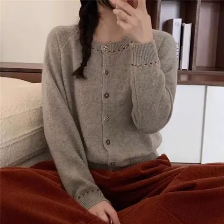 2024年春季新款宽松针织开衫女圆领纯色长袖外穿洋气针织外套上衣商品大图