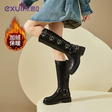 依思Q马丁靴女长筒靴2023新款加绒冬季棉鞋不过膝中高筒骑士棉鞋商品大图