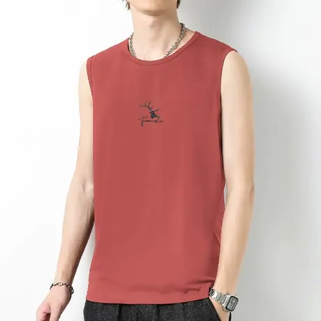 莫代尔背心男夏季冰丝速干凉感健身运动坎肩鹿头印花宽肩无袖t恤商品大图