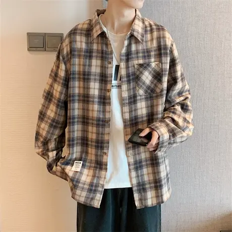 格子衬衫长袖男生春秋宽松百搭寸衫男新款潮牌潮流青少年外套衬衣商品大图