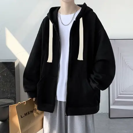 港风复古国潮卫衣男秋冬季美式宽松ins潮牌情侣连帽开衫纯色外套图片