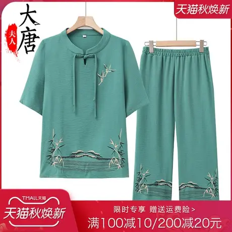 奶奶套装夏装T恤女中老年纯色圆领短袖婆婆妈妈夏季宽松休闲衣服商品大图