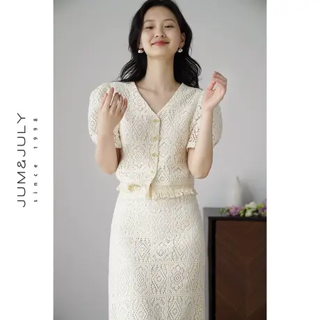 嘉茱莉2023夏季新款镂空蕾丝衫女V领宽松半身裙套装流苏裙设计感图片