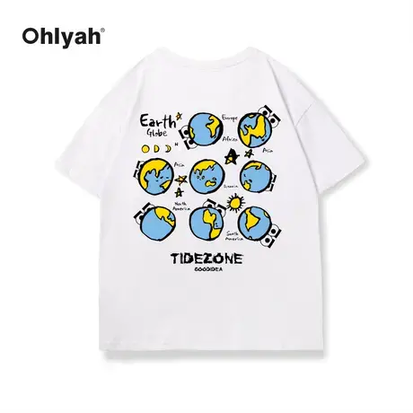 Ohlyah卡通大眼萌地球字母印花短袖t恤男女中性风ins潮牌全棉体恤图片