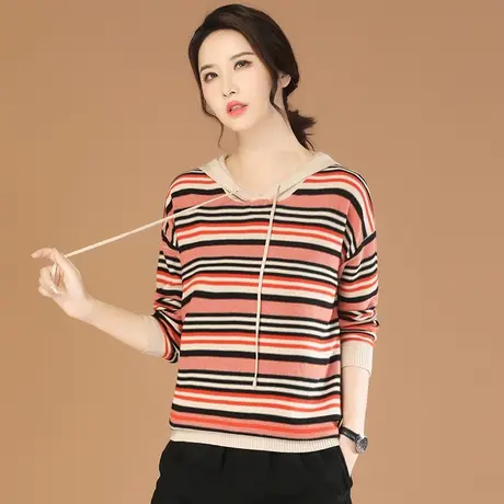韩潮袭人连帽条纹长袖毛衣女士2023秋季新款宽松休闲针织衫上衣图片