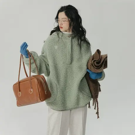 omont蛋挞家 羊羔毛连帽卫衣女冬季新款宽松加厚设计感上衣外套商品大图