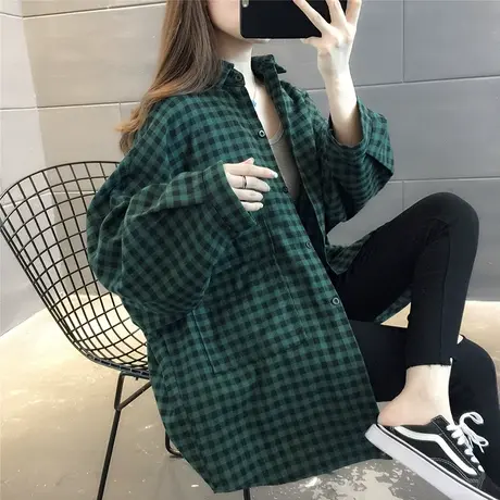 网红慵懒风格子衬衫女外套中长款上衣2023新款宽松韩版百搭衬衣潮图片