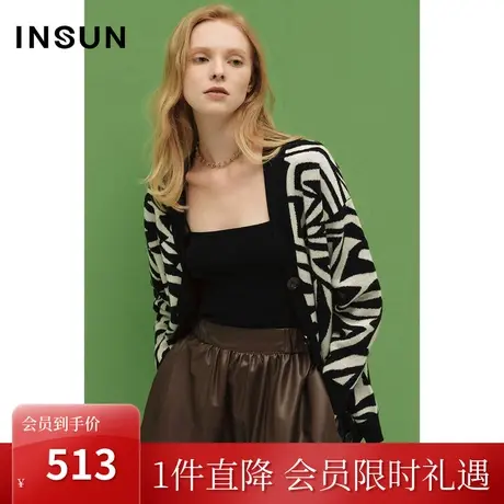 [美丽诺]恩裳COVER冬2022时尚波普斑马纹舒适羊毛针织衫开衫商品大图