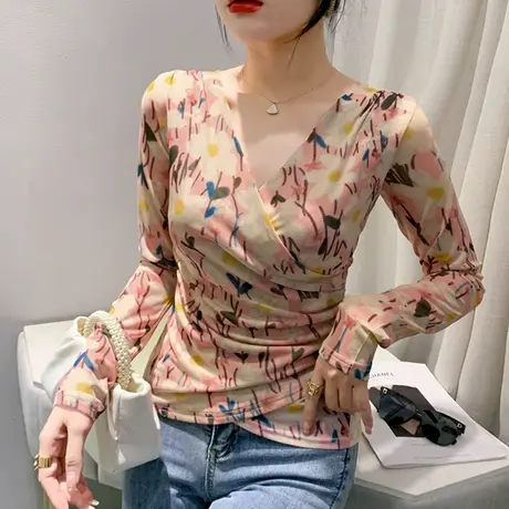 性感交叉V领打底衫女长袖秋装2023新款气质印花上衣修身网纱T恤潮商品大图