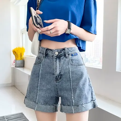 牛仔短裤女2023年夏季薄款高腰a字宽松显瘦遮肉阔腿卷边短款热裤商品大图