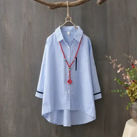 衬衣女2023新款七分袖夏季纯棉条纹衬衫宽松休闲学生薄外套上衣潮图片