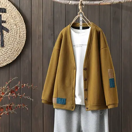 枫谜2022年冬季新款宽松休闲加绒贴布V领开衫短款加厚外套图片