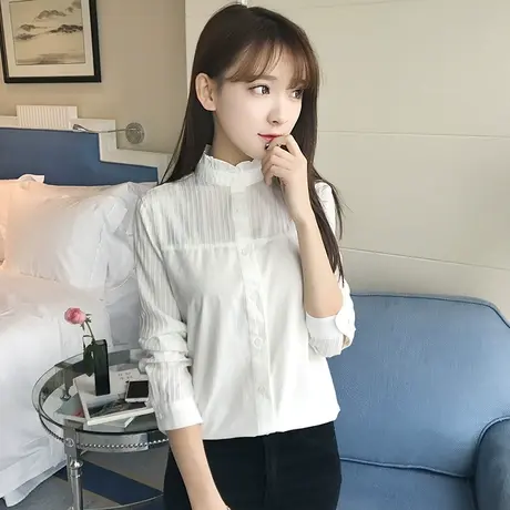 春秋款韩版文艺清新花边立领拼接纯棉白色衬衫女学生百搭打底衬衣图片