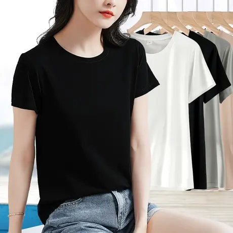 黑色常规基础款修身圆领短袖t恤女夏棉质单件纯色简约百搭上衣薄图片