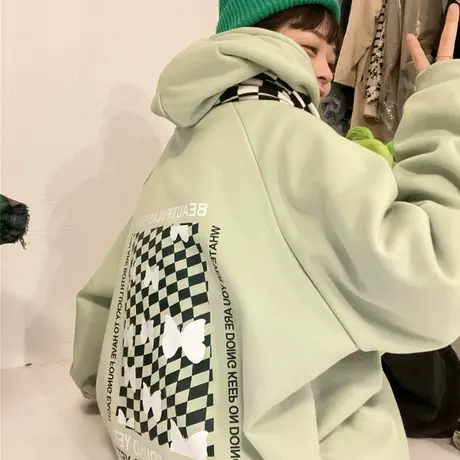 红续绿色棋盘格加绒加厚连帽卫衣女插肩袖显瘦显白学院风长袖上衣商品大图