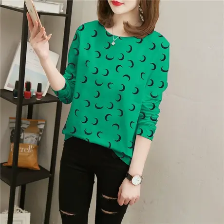 2023早秋新款T恤女长袖修身韩版纯色百搭秋冬内搭纯色印花打底衫商品大图