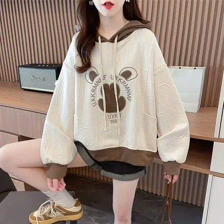 早秋连帽卫衣女春秋韩版宽松大码薄款小个子短款洋气撞色提花外套商品大图