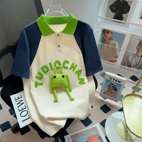 纯棉polo衫插肩短袖t恤女夏季新款重工设计感小众韩版宽松上衣服图片