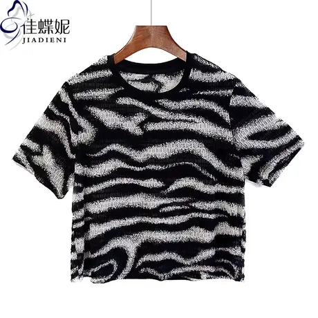 夏季新款圆领宽松休闲撞色黑白水波纹甜酷短袖体恤上衣内搭女打底图片