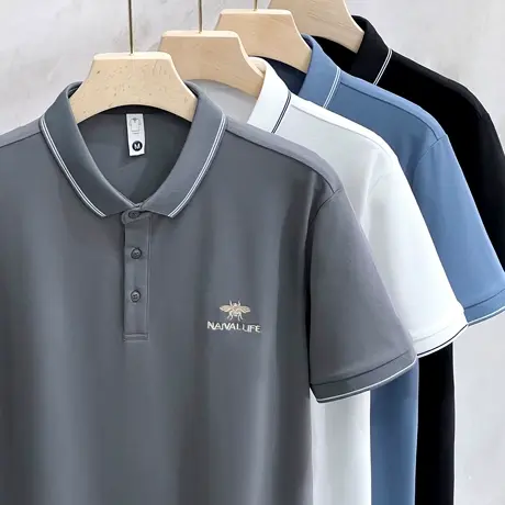 条纹领金线刺绣小蜜蜂polo衫男士修身翻领短袖T恤男高端休闲上衣图片