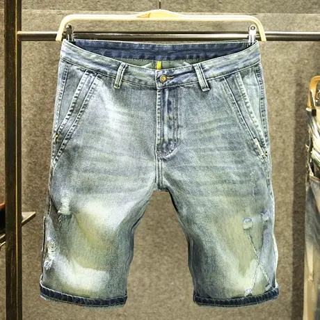 高街ins潮牛仔短裤男款夏季宽松直筒休闲五分裤复古潮牌破洞中裤商品大图