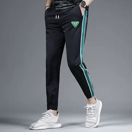 夏季九分冰丝休闲裤男黑色潮流修身束脚潮牌百搭男士个性弹力裤子商品大图