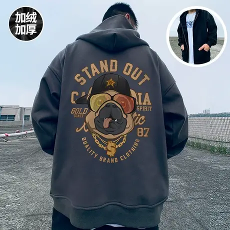 oversize春秋季宽松加肥加大码连帽加绒加厚拉链开衫胖子卫衣外套商品大图