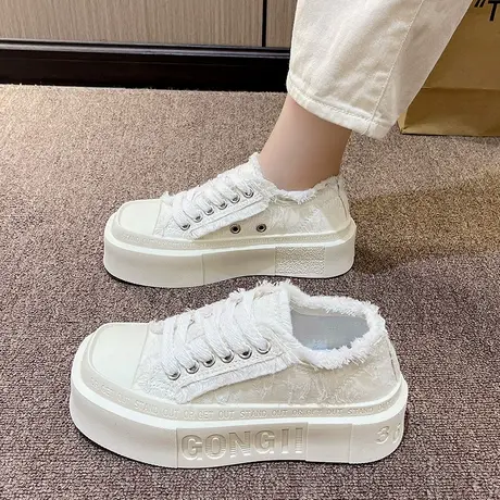 韩版百搭方头帆布鞋女2023夏秋季新款松糕厚底增高小白鞋休闲板鞋图片