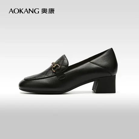 【门店发货】奥康女鞋 春季女士休闲舒适乐福鞋真皮通勤粗跟单鞋商品大图