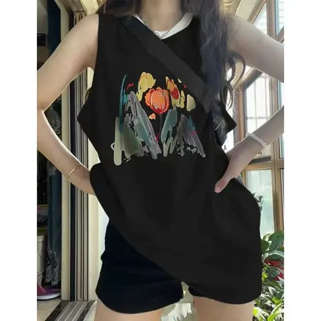 纯棉吊带运动坎肩背心无袖t恤女夏季外穿篮球服宽松港风挂脖上衣商品大图