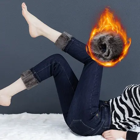 高腰牛仔裤女加绒小脚裤秋冬季2023深蓝色修身显瘦紧身铅笔裤子潮商品大图