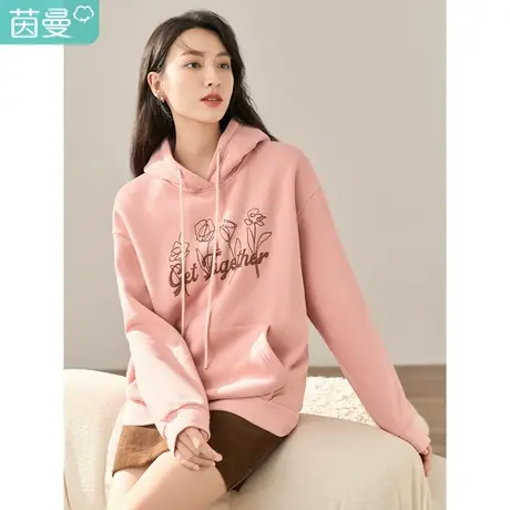 【商场同款】茵曼冬女装新款复古连帽文艺图案落肩长袖卫衣图片