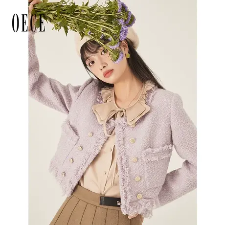 Oece薰衣草紫高级感短外套秋冬季新款女装复古小香风毛呢外套图片