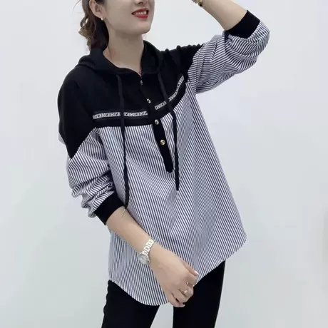 2023春秋新款薄款连帽卫衣女韩版时尚宽松百搭中长款衬衫条纹上衣商品大图